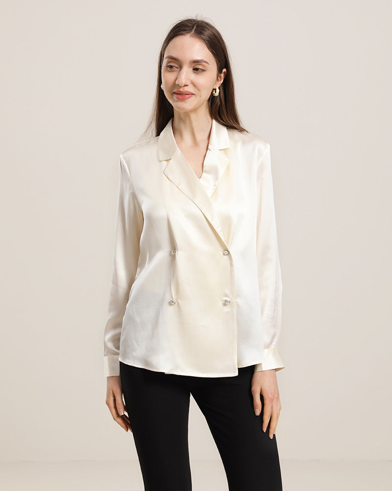 Double-Breasted Elegant V-neck Silk Shirt Cream