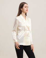 Double-Breasted Elegant V-neck Silk Shirt Cream