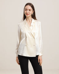 Double-Breasted Elegant V-neck Silk Shirt Cream