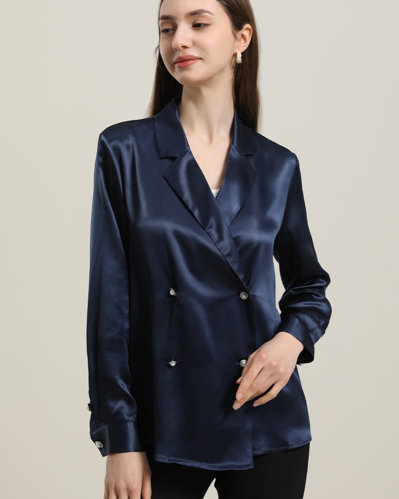 Double-Breasted Elegant V-neck Silk Shirt Navy