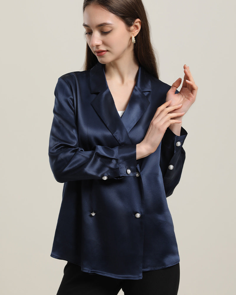 Double-Breasted Elegant V-neck Silk Shirt Navy