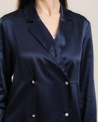 Double-Breasted Elegant V-neck Silk Shirt Navy