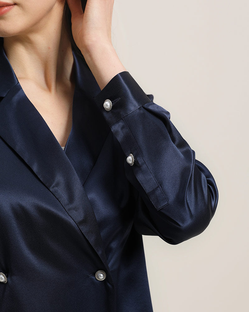 Double-Breasted Elegant V-neck Silk Shirt Navy