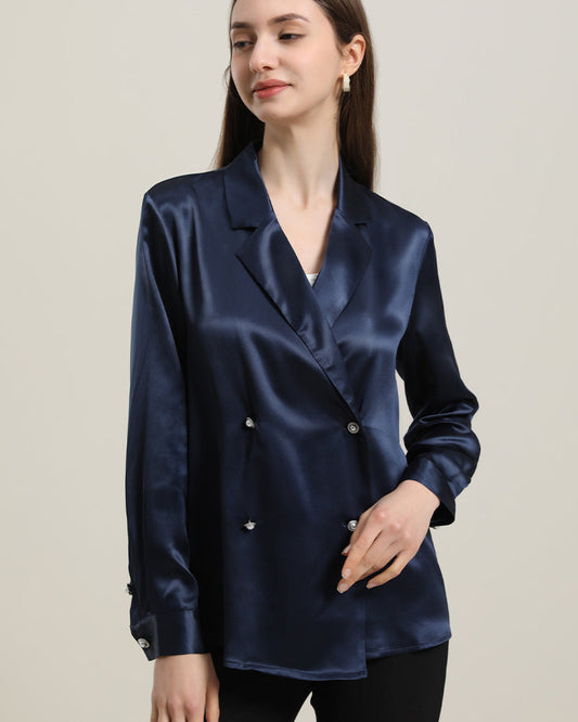 Double-Breasted Elegant V-neck Silk Shirt Navy