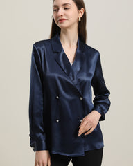 Double-Breasted Elegant V-neck Silk Shirt Navy