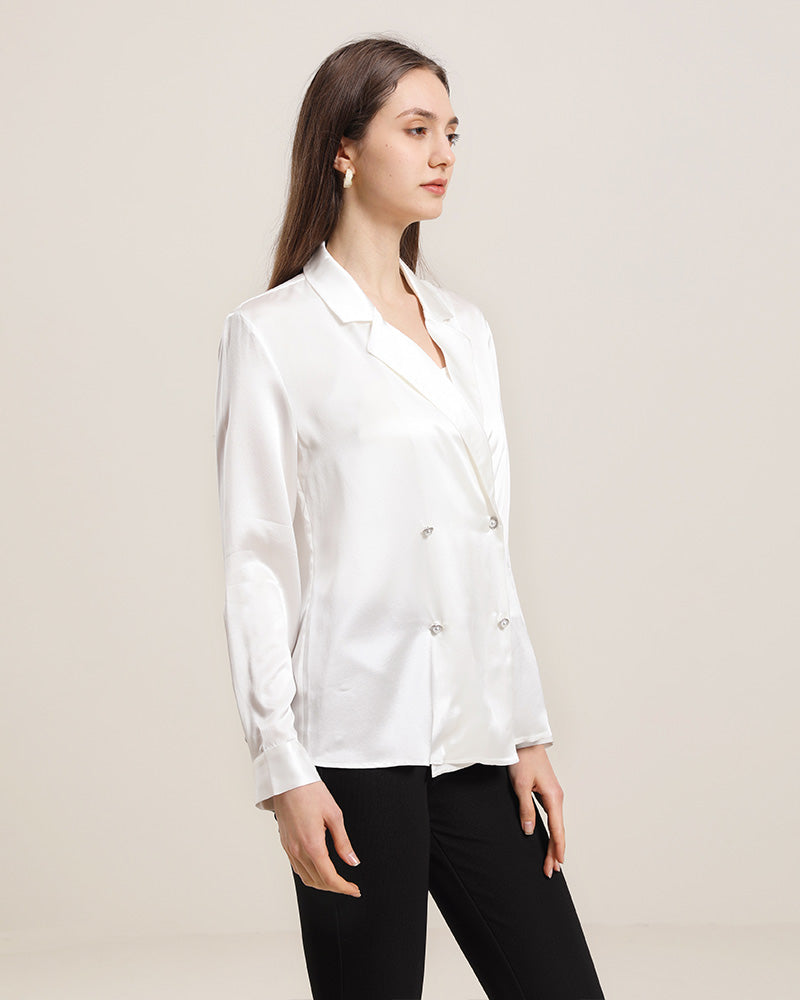 Double-Breasted Elegant V-neck Silk Shirt White