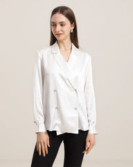 Double-Breasted Elegant V-neck Silk Shirt White