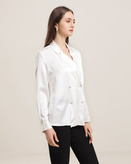 Double-Breasted Elegant V-neck Silk Shirt White
