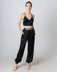 Elastic Waist Loose Ankle Cuffed Silk Pant for Women Black