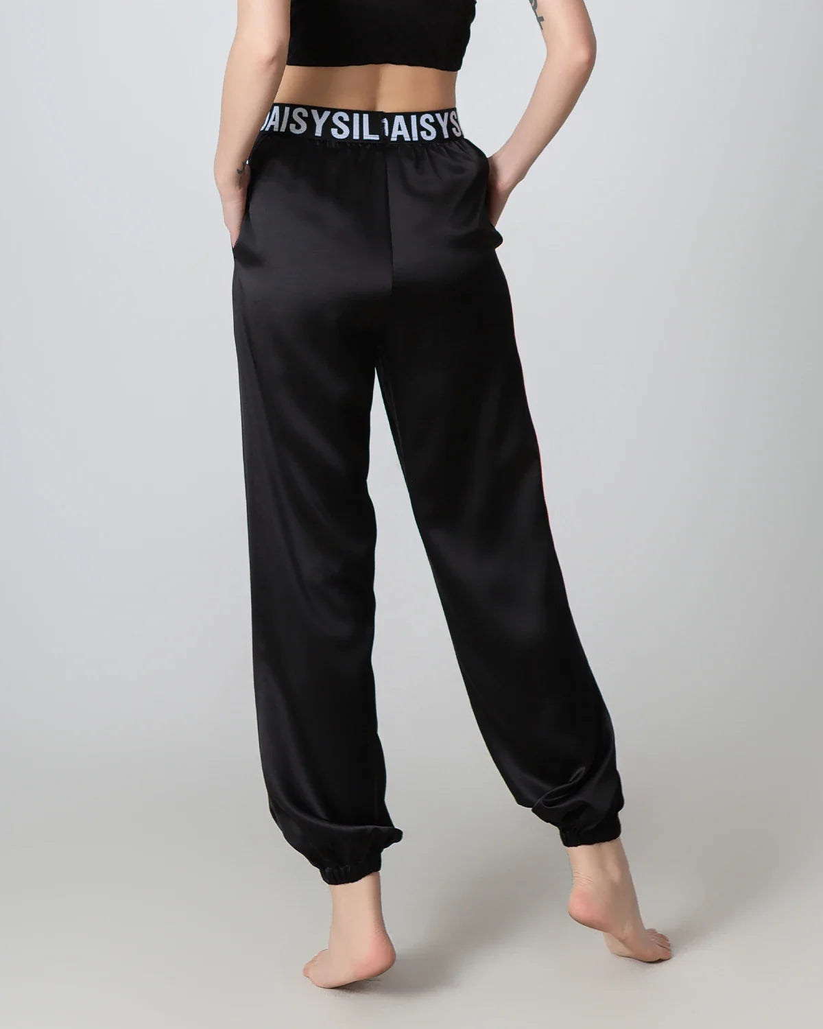 Elastic Waist Loose Ankle Cuffed Silk Pant for Women Black