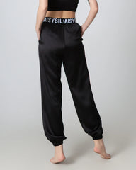 Elastic Waist Loose Ankle Cuffed Silk Pant for Women Black