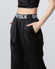 Elastic Waist Loose Ankle Cuffed Silk Pant for Women Black