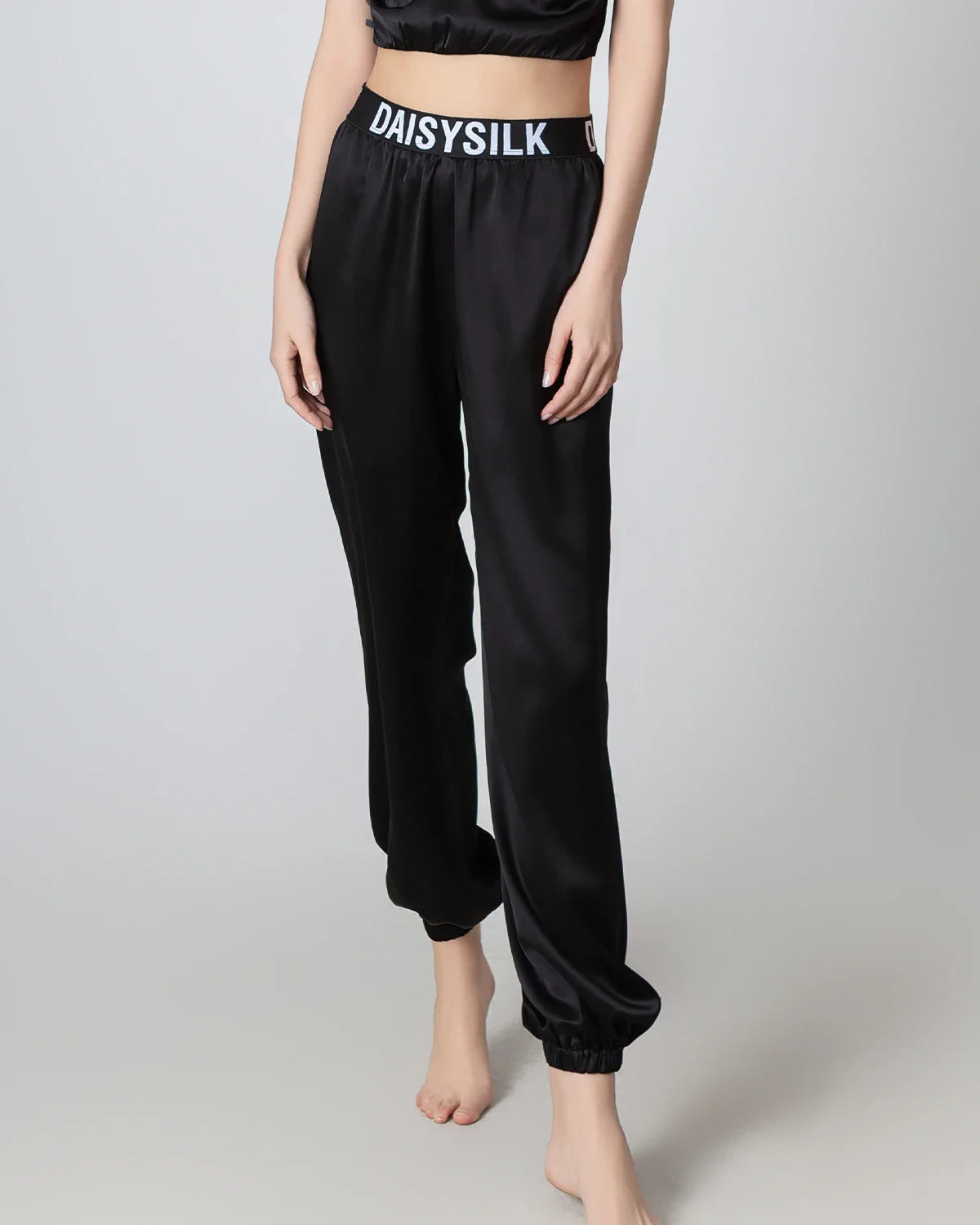 Elastic Waist Loose Ankle Cuffed Silk Pant for Women Black