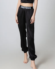 Elastic Waist Loose Ankle Cuffed Silk Pant for Women Black