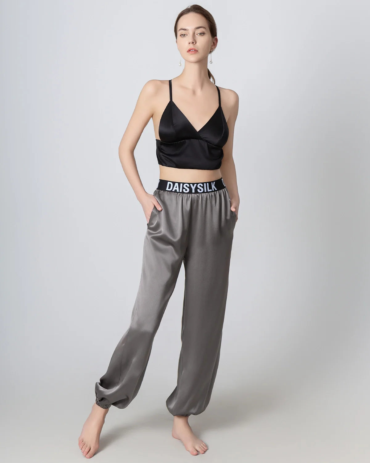 Elastic Waist Loose Ankle Cuffed Silk Pant for Women Dark Grey