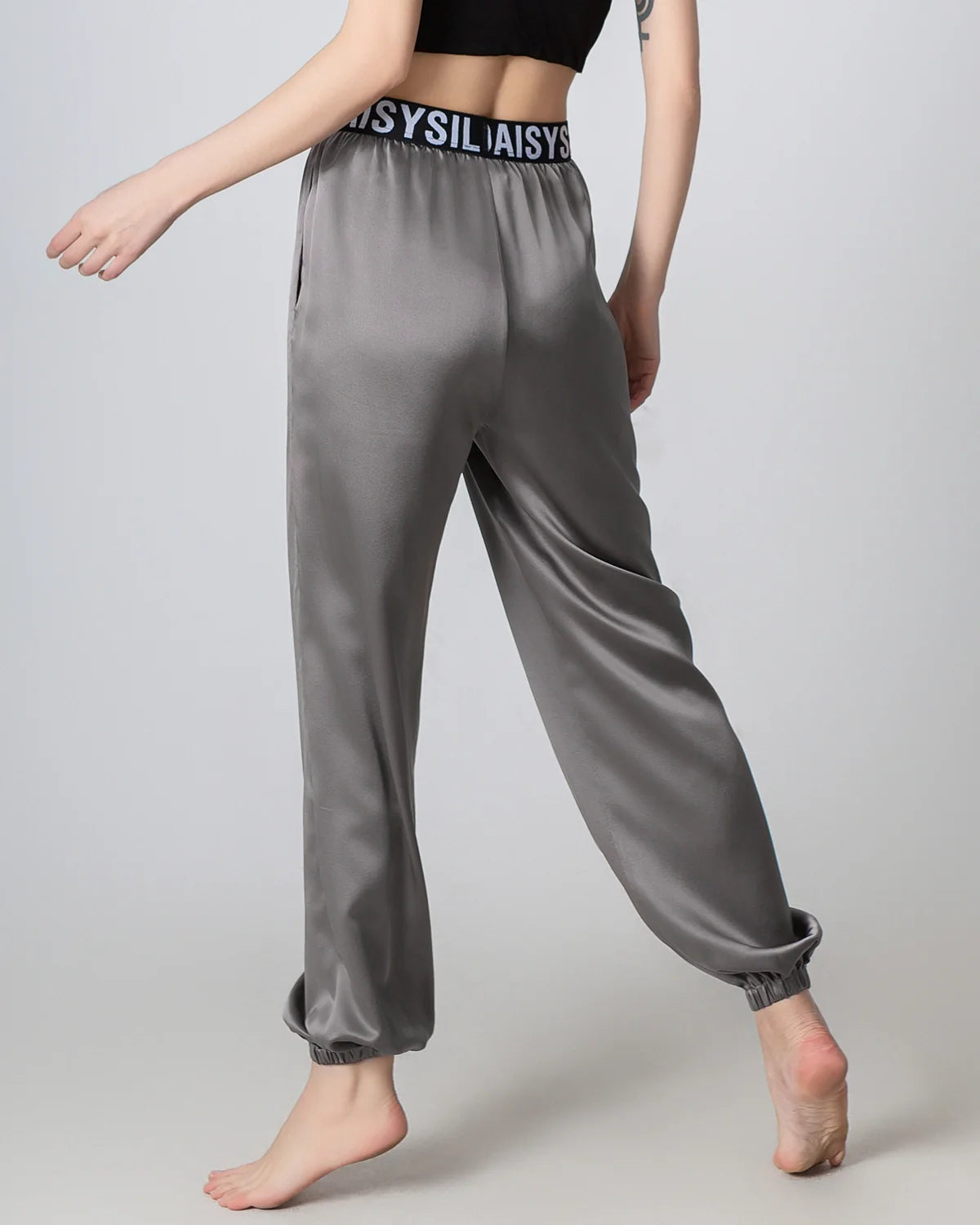 Elastic Waist Loose Ankle Cuffed Silk Pant for Women Dark Grey