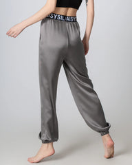 Elastic Waist Loose Ankle Cuffed Silk Pant for Women Dark Grey