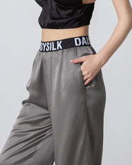 Elastic Waist Loose Ankle Cuffed Silk Pant for Women Dark Grey