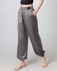 Elastic Waist Loose Ankle Cuffed Silk Pant for Women Dark Grey