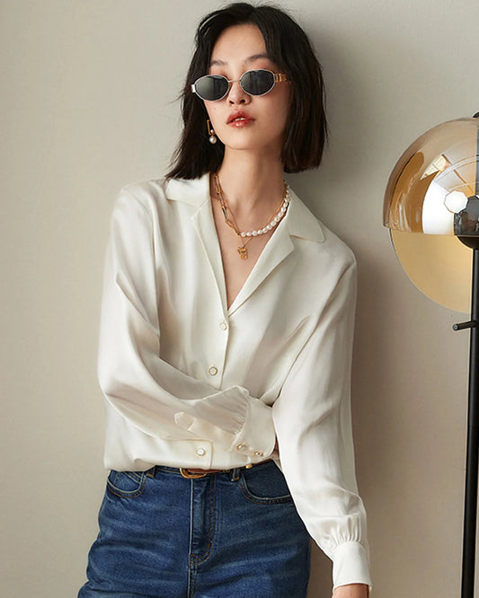Elegant Classic V-neck Silk Blouse White