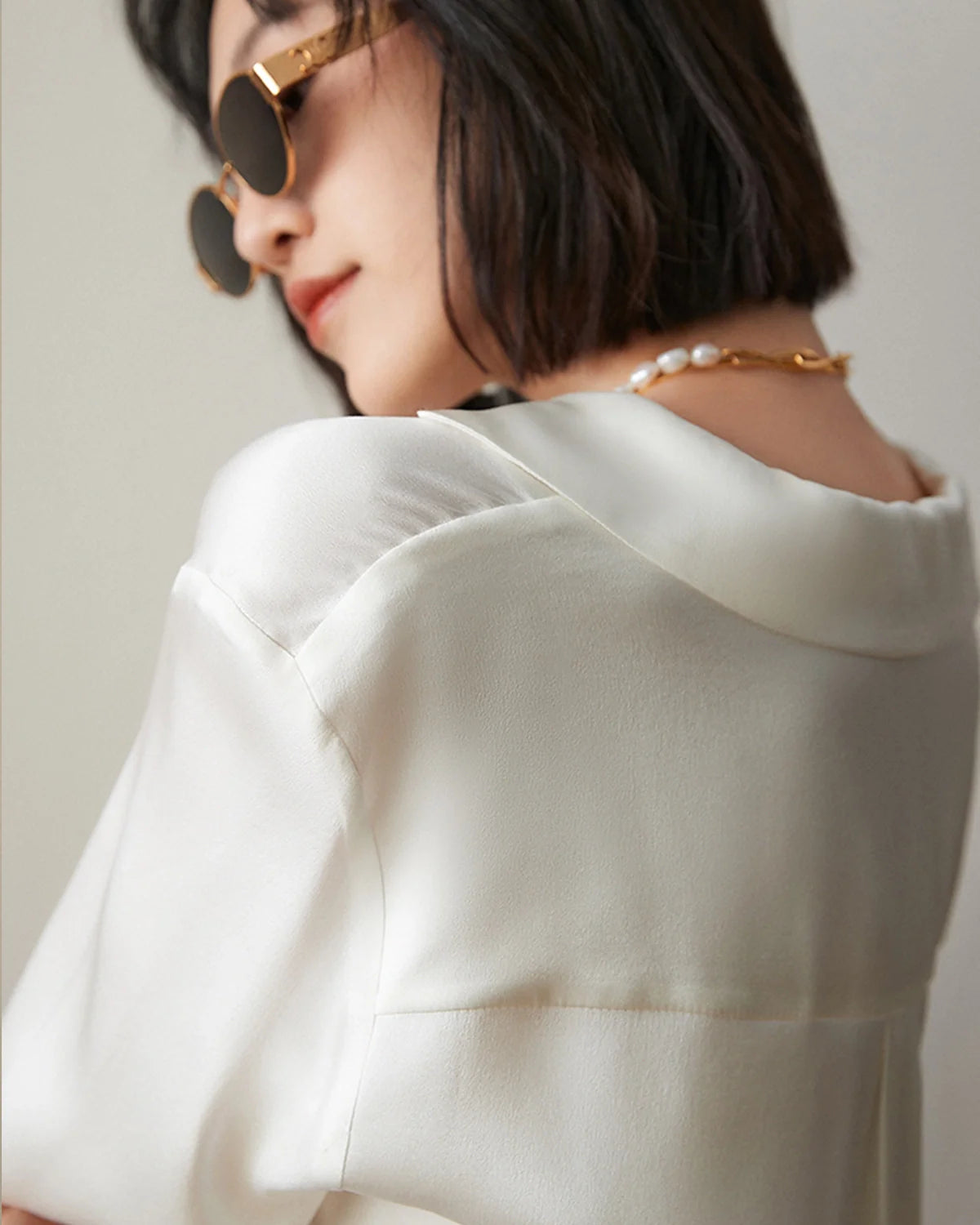 Elegant Classic V-neck Silk Blouse White