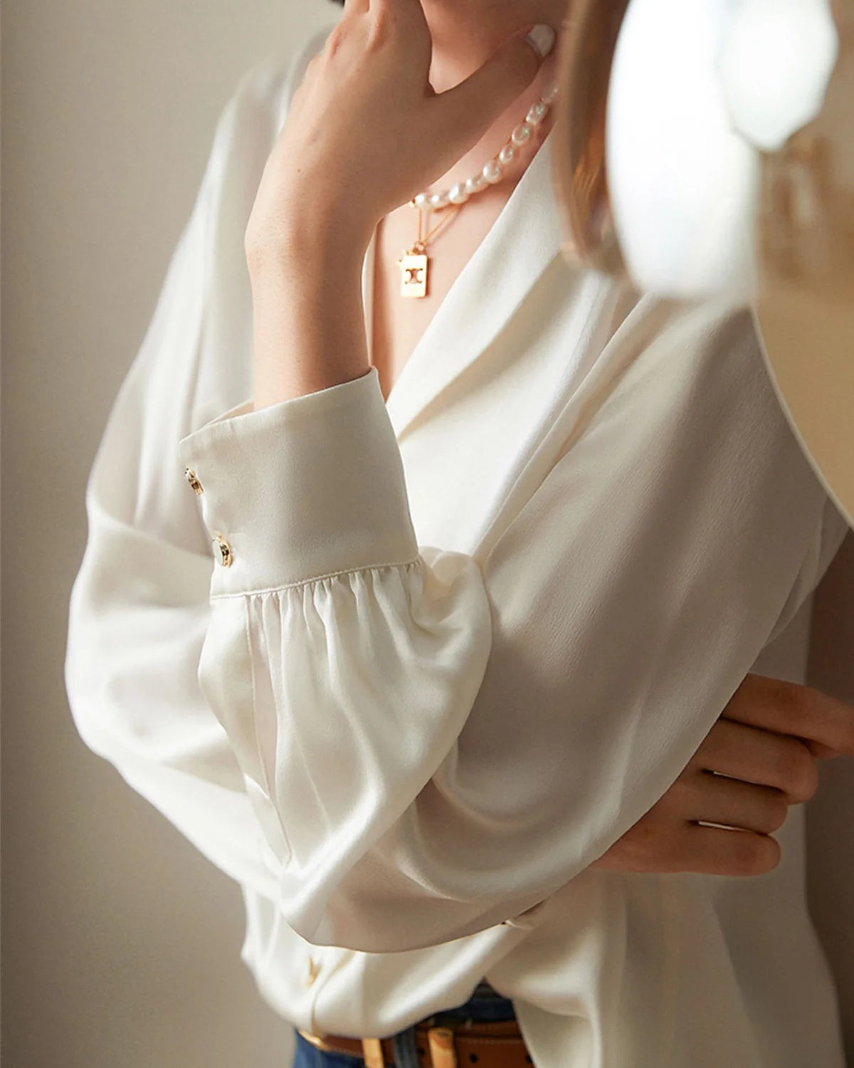 Elegant Classic V-neck Silk Blouse White