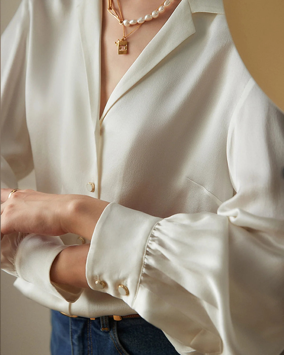 Elegant Classic V-neck Silk Blouse White