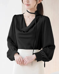 Elegant Draped Collar Silk Blouse