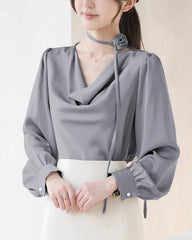 Elegant Draped Collar Silk Blouse