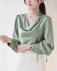 Elegant Draped Collar Silk Blouse
