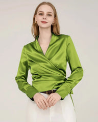 Elegant Fitted Wrap Silk Blouse For Women
