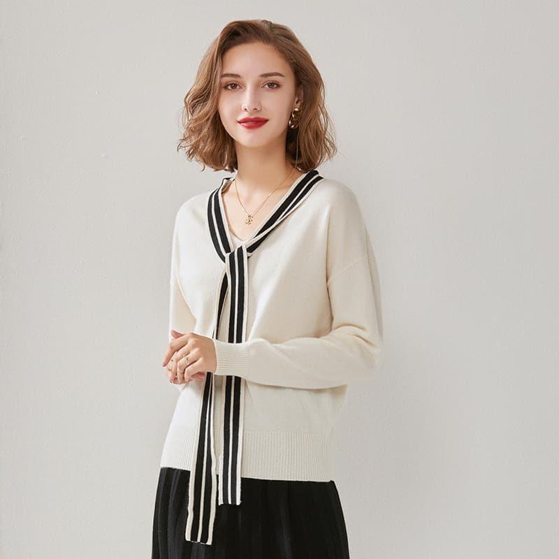 Elegant Ribbon Cashmere Sweater White