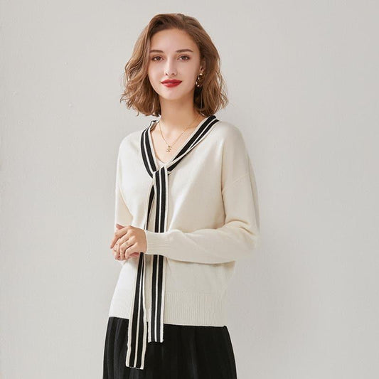 Elegant Ribbon Cashmere Sweater White