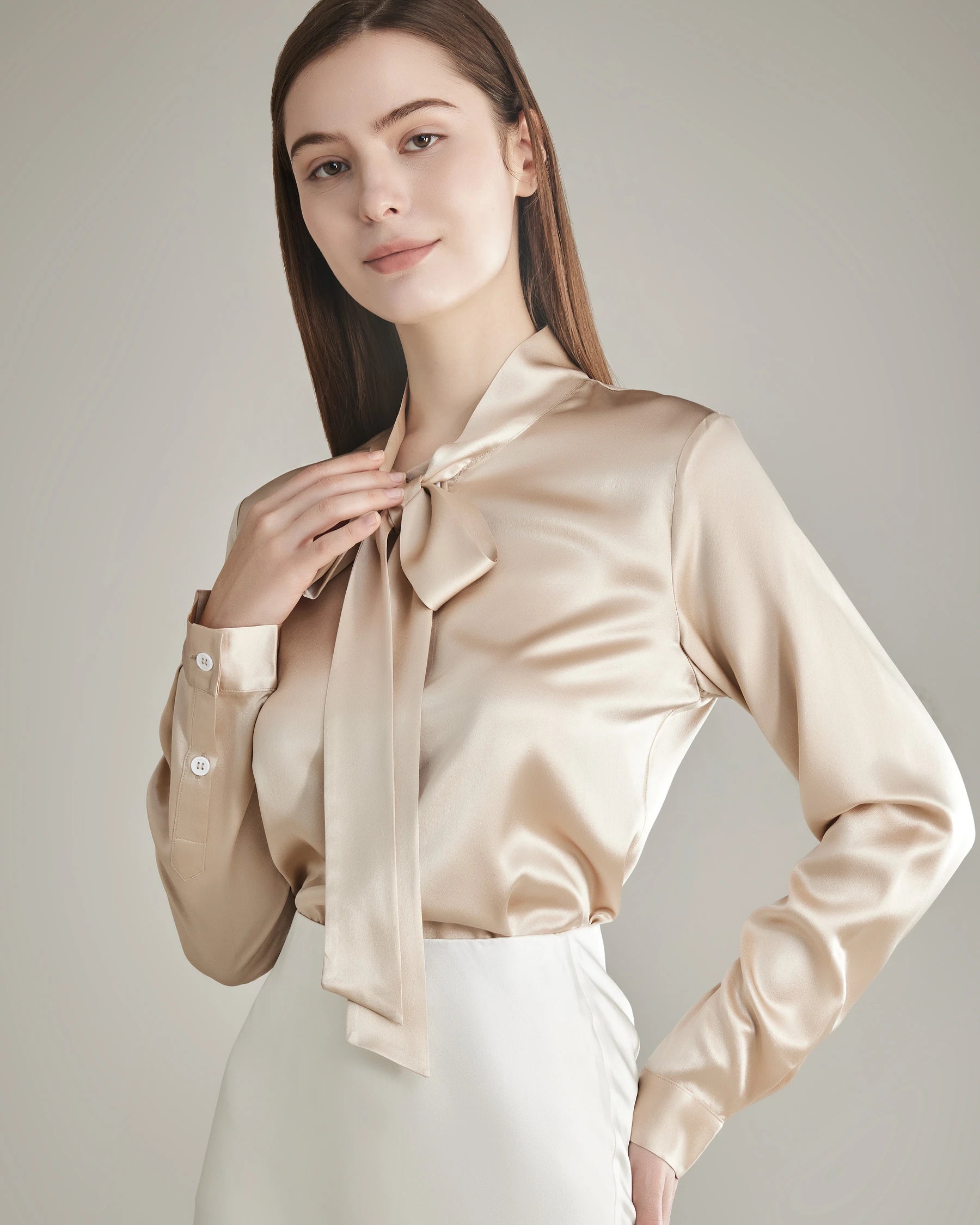 Elegant Silk Bow Tie Blouse Champagne