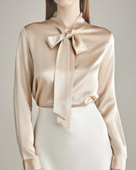 Elegant Silk Bow Tie Blouse Champagne