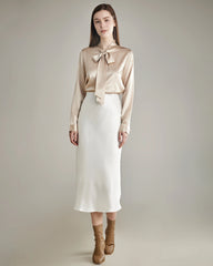 Elegant Silk Bow Tie Blouse Champagne