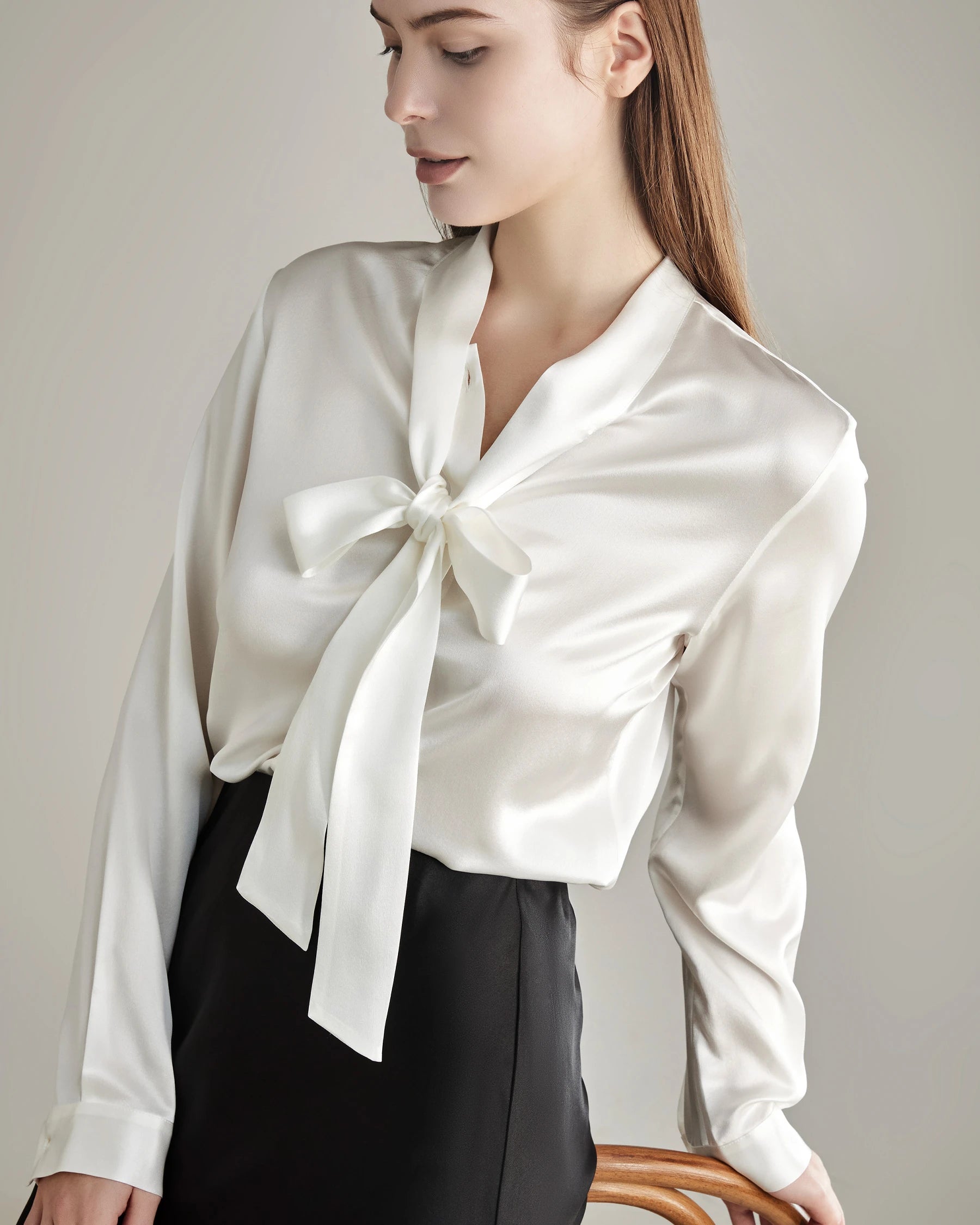 Elegant Silk Bow Tie Blouse Ivory