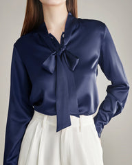 Elegant Silk Bow Tie Blouse Navy