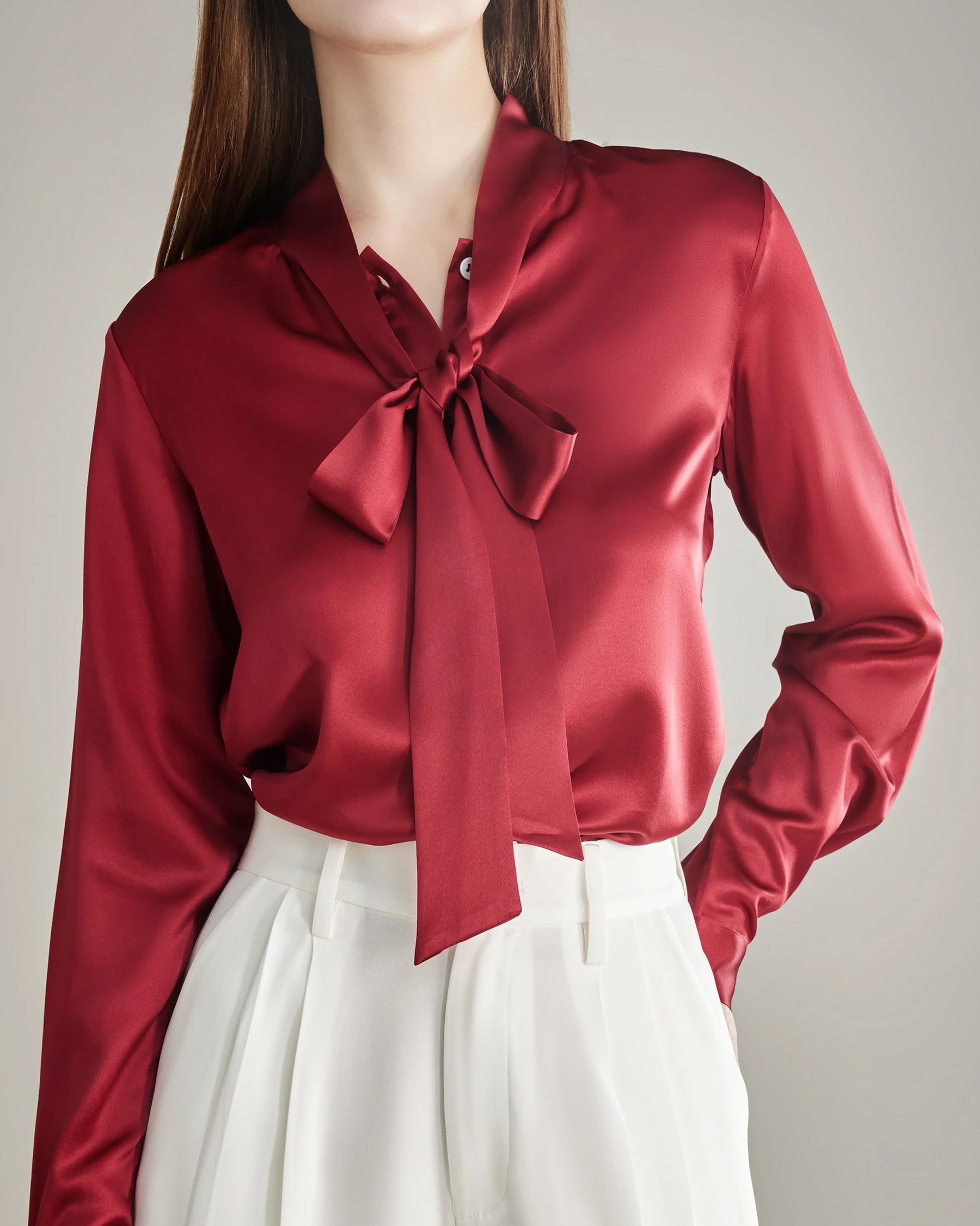 Elegant Silk Bow Tie Blouse Burgundy