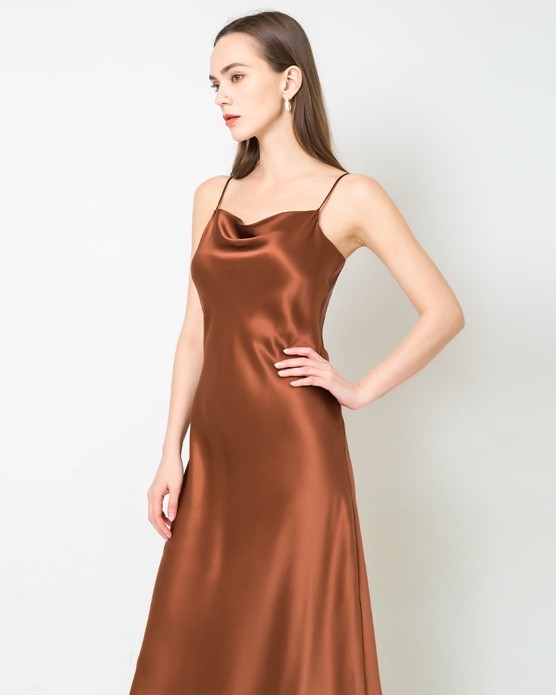 Elegant Silk Dress with Light Cowl Neckline Brown