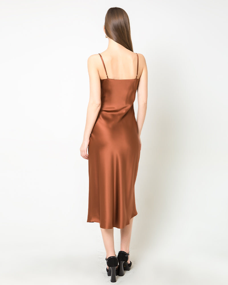 Elegant Silk Dress with Light Cowl Neckline Brown