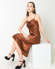 Elegant Silk Dress with Light Cowl Neckline Brown