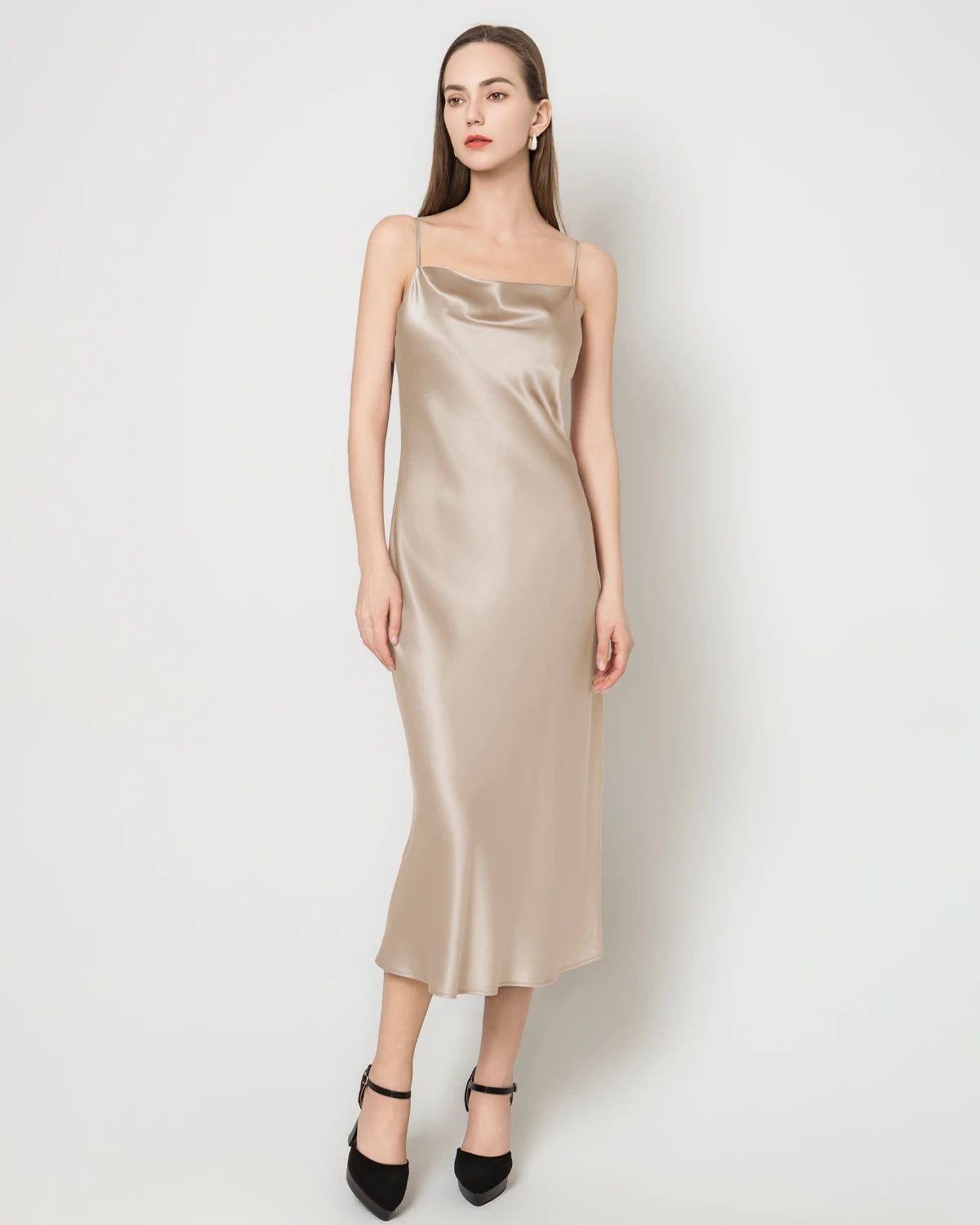 Elegant Silk Dress with Light Cowl Neckline  Champagne
