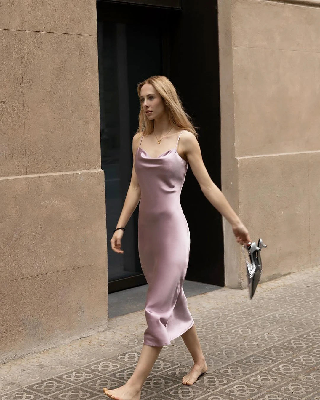 Elegant Silk Dress with Light Cowl Neckline Mauve