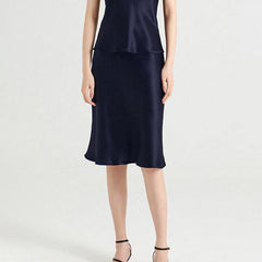 Elegant Knee-Length Silk Skirt Navy