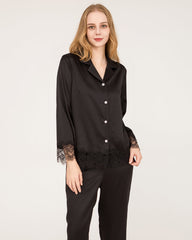 Elegant Lace Trim Silk Pajamas Set Black