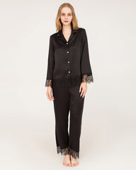 Elegant Lace Trim Silk Pajamas Set Black