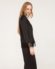 Elegant Lace Trim Silk Pajamas Set Black