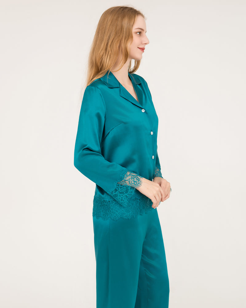 Elegant Lace Trim Silk Pajamas Set Peacock Blue
