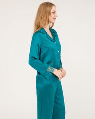Elegant Lace Trim Silk Pajamas Set Peacock Blue
